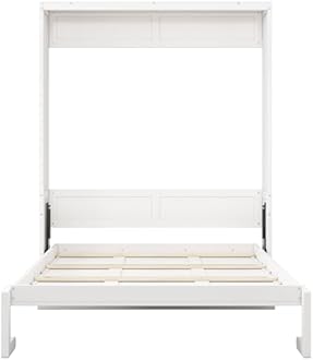 SOFTSEA Full Size Murphy Bed with Desk, 61.5 inch Foldable Wall Bed Frame with Storage for Guest Room Bedroom Apartment, Wood Folding White Murphy Bed Wall Cabinet for Adults, White