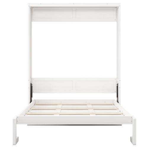 SOFTSEA Full Size Murphy Bed with Desk, 61.5 inch Foldable Wall Bed Frame with Storage for Guest Room Bedroom Apartment, Wood Folding White Murphy Bed Wall Cabinet for Adults, White