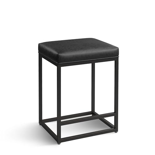 ALPHA HOME 24 Inch Counter Height Bar Stools Set of 2, Upholstered Bar Stools for Kitchen Island, Counter Stools with Faux Leather Cushion and Sturdy Metal Frame, Modern Barstools, Black