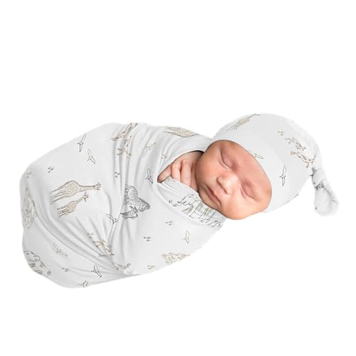 Image of Sweet Jojo Designs Jungle Safari Animals Boy Girl Gender Neutral Unisex Baby Cocoon Swaddle and Beanie Newborn Jersey Set Infant Wearable Blanket Going Home Outfit Set Elephant Giraffe Zebra Serengeti