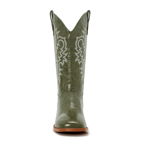 Image of Cowgirl Boots Square Toe Cowboy Boots For Women Ladies Mid Calf Low Heel Flat