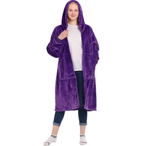 Waitu Wearable Blanket Hoodie with Zipper Gifts for Women Men Warm and Cozy Oversized Hoodie Blanket Birthday Gifts for Wife Her Mom Thick Flannel Blanket with Sleeves and Giant Pocket - Violet