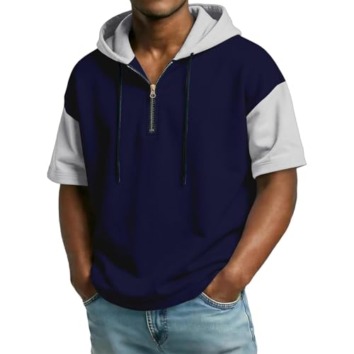T-shirt homme manches courtes demi-zip bleu marine XXXXL avec capuche