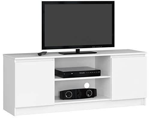 AKORD | Mobile per TV in Legno K 140 | Mobiletto Porta Televisione Soggiorno | un ripiano aperto | 2 Ripiani con Ante a Sinistra e a Destra | 55 x 140 x 40 cm | Peso 40kg | ColoreBianco