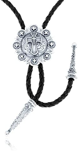 RechicGu Vintage Cross Bolo Tie for Men Handmade Leather Necktie Western Cowboy Rodeo bola tie for Women(Silver)
