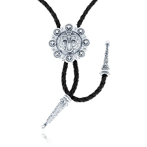 Rechicgu Vintage Cross Bolo Tie For Men Handmade Leather Necktie Western Cowboy Rodeo Bola Tie For Women(Silver) #TOP3