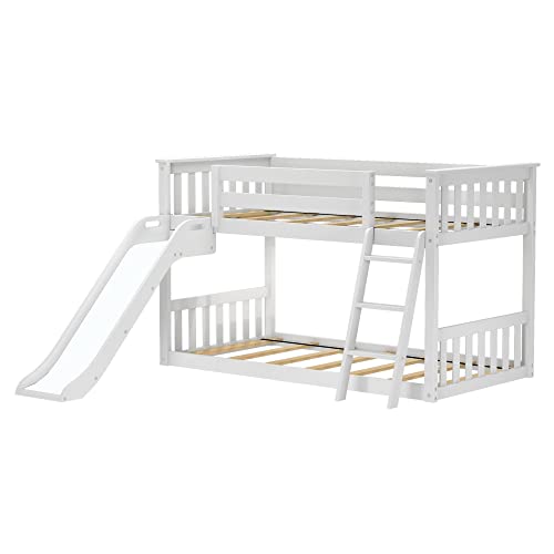 Image of Max & Lily Solid Wood Twin Over Twin Size Low Bunk Beds for Kids with Slide and Ladder, 400 lbs Weight Capacity, 14 inch Safety Guardrail, Anti-Slip Steps, White