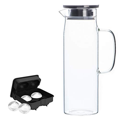 Glass Pitcher with Stainless-Steel Lid - High Heat Resistance Stovetop Safe Pitcher for Hot/Cold Water & Iced Tea (1200ML 42oz)