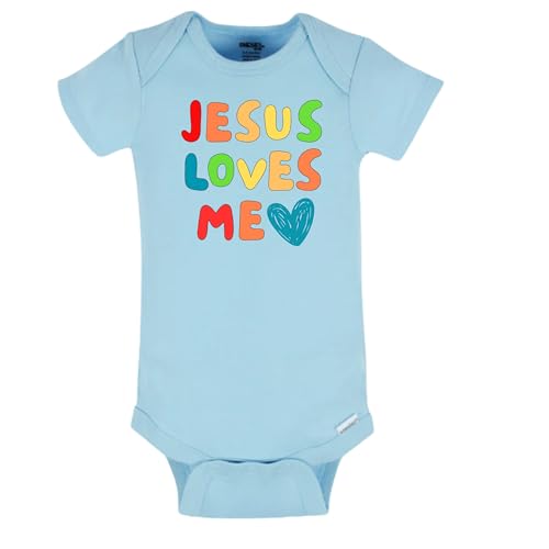 3 Nails 1 Cross Jesus Loves Me Christian Baby Short Sleeve Bodysuit for Girls Boys Easter Baby Gift Faith Based Baptism Clothing for Christian Families (Light Blue, 18-24 Months)
