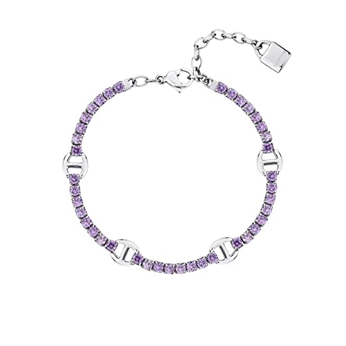 Bracciale tennis in acciaio 304 e cubic zirconia colore amethyst con pendente chiusura a forma di lucchetto.