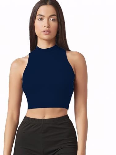 Image of Sugathari Women's & Girls' Solid Ribbed High Neck Sleeveless Crop Tops for Women (Top 37)