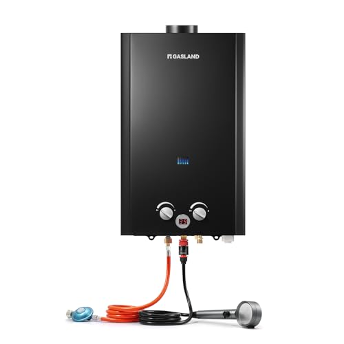 GASLAND Calentador de agua de gas BE422B, para exteriores, 16 litros, butano (50 mbar)/propano (50 mbar), ducha LPG para camping, caravana, granero