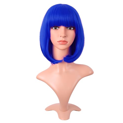 MapofBeauty 12 Pouces/30 cm Court Bob Droit Synthétique Flat Frange Heat Résistant Ordinaire Perruque (Marine Bleu)
