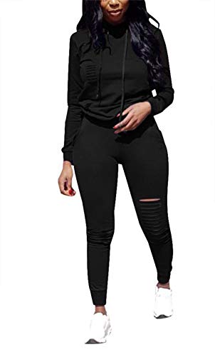 EOSIEDUR Women's 2 Piece Athletic Outfits Long Sleeve Ripped Pullover Hoodie - Bodycon Joggers Pants Sets, Black X-Large