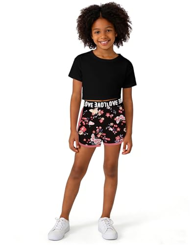Image of Betusline Cute Clothes for Teen Girls, Black Short Sleeve Crop Top Summer T-Shirt and Shorts Clothing Sets, Black, 6-7 Years = Tag 130, Black+red