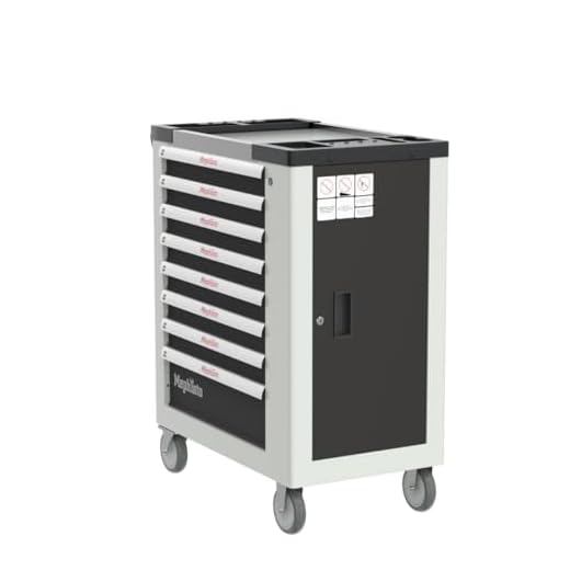 Mephisto XXL Werkzeugwagen Werkstattwagen mit 8 Schubladen davon 8 mit Werkzeug wie Schraubenschlüssel, Ratsche mit Nusskasten, Schraubendreher usw. in Soft Inlays in Carbonoptik befüllte Schubladen