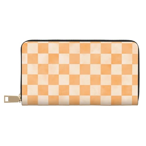 Leather Thin Slim Wallets for Women & Men - Orange Checker Print Card Wallet Holder with Zipper