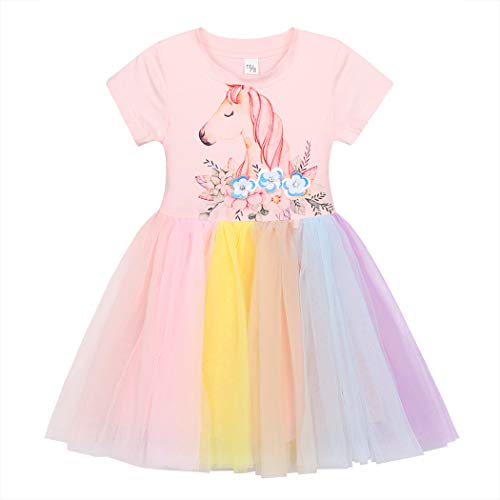Eledobby Vestido de Princesa Meninas Unicórnio Saia Cor Net Gaze Tutu Saia Vestido de Manga Curta co