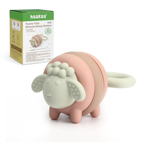 Image of haakaa Twisty Tilly Silicone Sheep Teether, Soft Textures for Sore Gums, Easy-to-Grip Rotating Ring Design Encourages Babies to Grasp, Twist and Explore, Desert Rose