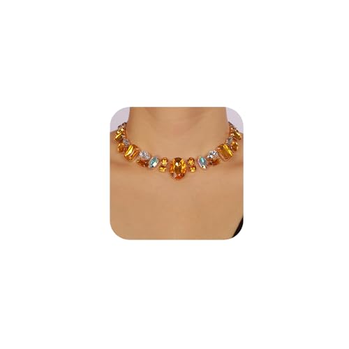 Chargances Charm Blue Full Rhinestone Necklace Sparkle Geometric Crystal Choker Luxurious Statement Short Neck Chunky Chain Collar for Women