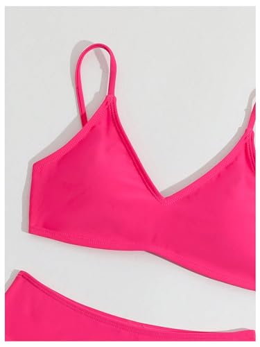 Image of MakeMeChic Girl's Solid Summer Bikini Sets Two Piece Bathing Suit V Neck Adjustable Strap Swimsuit Swimwear Hot Pink 8 Years