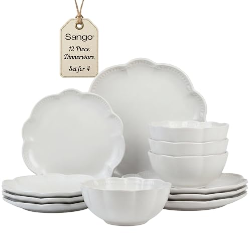 Image of Sango Bethany 12 Pieces Scalloped White Plates & Bowls Set