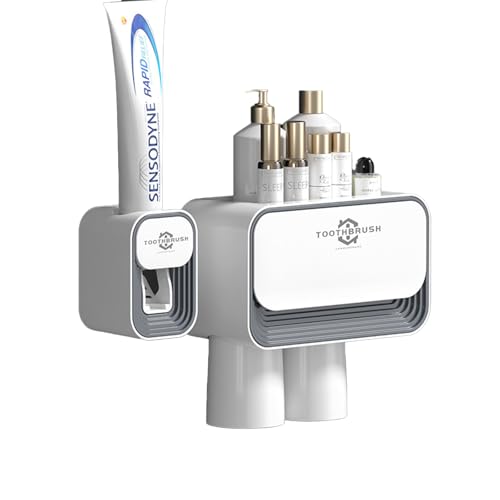 Toothbrush Holders for Bathrooms, Bathroom Multifunctional Toothbrush Holders and Toothpaste Dispenser, with 4 Toothbrush Slots, 2 Cups - Large Capacity Tray, Cosmetics Drawer