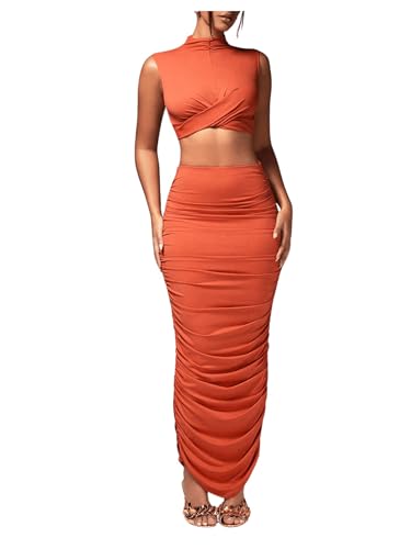 Women's Sexy 2 Piece Outfits Solid Mock Neck Criss Cross Crop Top Tank Top and Ruched Maxi Skirt Bodycon Skirt Sets