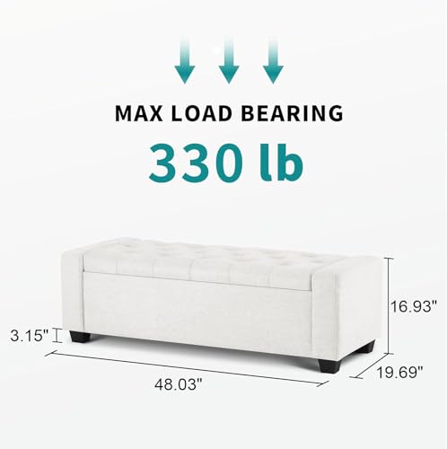 Huatean Home 48" Ottoman with Storage, White Storage Ottoman Bench with Safety Hinge, Upholstered Entryway Bench with Seating for Bedroom, Living Room, Holds up to 330 lb