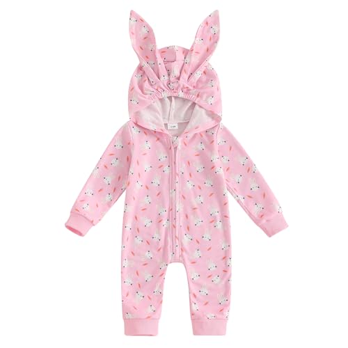 My First Easter Baby Girl Boy Outfit Baby Bunny Romper Long Ear Rabbit Hoodie Romper Jumpsuit Cute Spring Clothes (bunny-Pink, 6-12 Months)