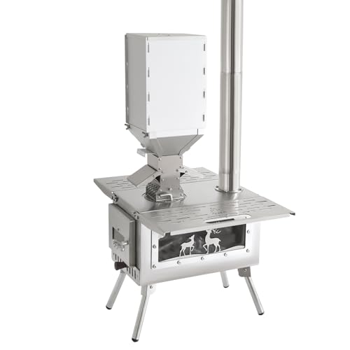 Outdoor Camping Tent Stove with Chimney Pellet Stove with Particle Burner Portable Outdoor Cooking Stove Stainless Steel (Silver)