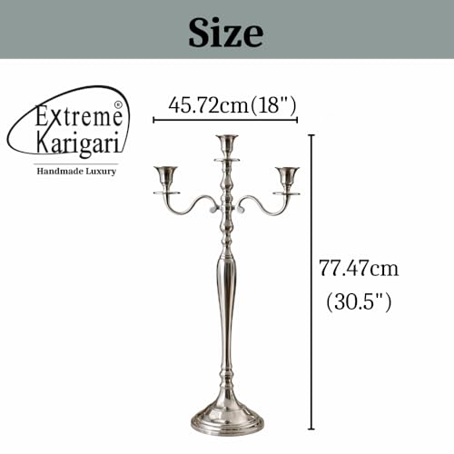 Image of Decorative Aluminum Silver Plated Three Arm Candle Holder Stand for Home Decor, Wedding, Party, DinningTable Centerpiece & Church Altar (18 inch * 7 inch * 30.5 inch)