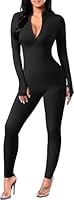 Yaaapiy Damen Sport Jumpsuit Lang Eng Yoga Overall Langarm V-Ausschnitt Playsuits mit Reißverschluss Jogging Strampler Hosenanzug Trainingsanzug (nero, M)