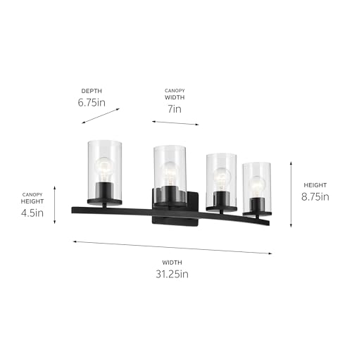 Image of Kichler Crosby 31.25 inch 4-Light Bathroom Vanity Light Fixture with Clear Glass in Black, Modern Wall Mount Light for Bathroom Over Mirror (31.25 inch x 8.75 inch), 45498BKCLR