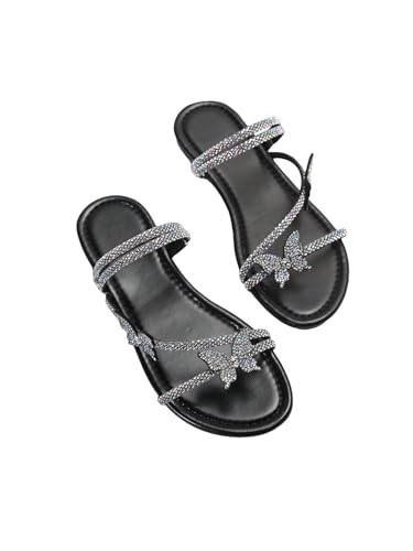 OYOANGLE Women's Rhinestone Decor Strappy Flat Sandals Glitter Thin Straps Open Toe Slip on Dressy Slides - Main Image