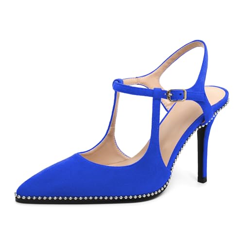 Image of SAMMITOP Womens High Heels Ankle Strap Pointed Toe Stilettos Patent Leather Beaded Pumps Dress Shoes 3.5 Inch