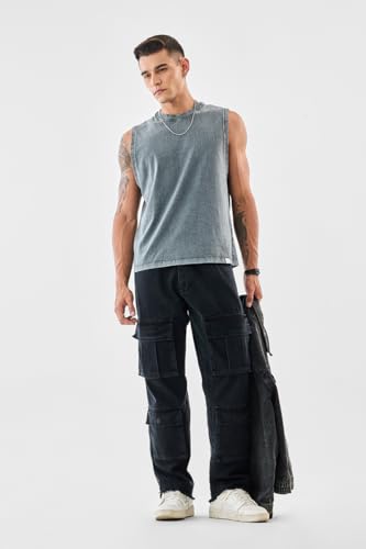 Image of SNITCH Men Cargo Pants | Baggy Fit with Multiple Utility Pockets & Turned-Up Cuffs | Cotton Blend Fabric for Streetwear & Casual Outings