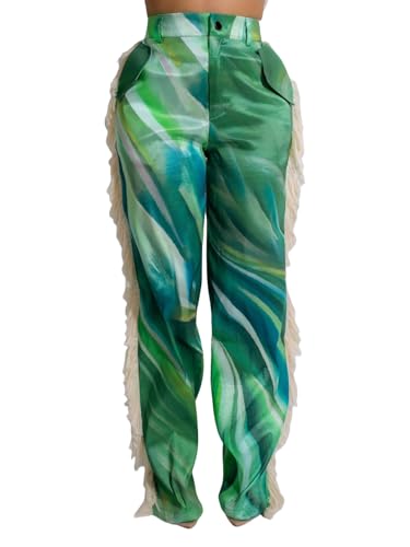 XZLUFNY Fringe Pants for Women Autumn High Waisted Side Tassel Straight Leg Trousers
