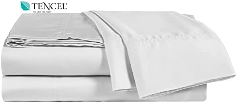 ELINEN 100% Tencel Sheet Set - Queen Size 4 Piece Sheets with Deep Pockets up to 18 Inches - Luxuriously Cooling, Super Soft & Silky Sateen Weave Lyocell Bed Sheets in White (Queen)