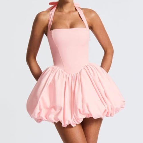 Image of Women's Y2K Sexy Halter Corset Mini Dress Backless Corset Bubble Ruched Waist Club Party Dresses