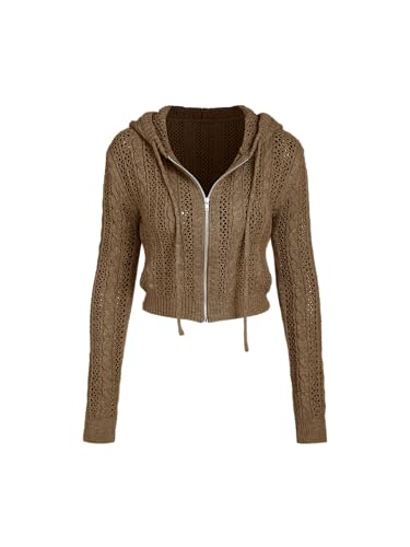 Image of CIDER Women's Zip Up Hoodie Crop Top Hollow Out Knitted Long Sleeve Cardigan Jacket Sweatshirt