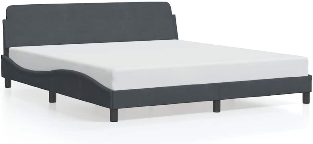 Modern Dark Grey Velvet Bed Frame with Curved Headboard, Sturdy Platform Foundation, Slatted Durable Design, Easy Assembly, Nonslip Mattress Support for Bedroom Storage