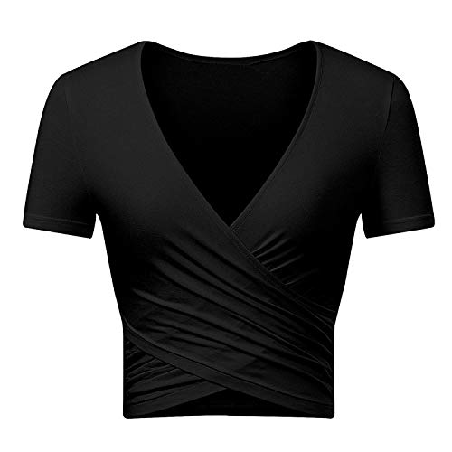 Uniquestyle Courtes Tops Tee Shirt Femme Moulant Haut Sexy Col V Cache Coeur Decollete Top Femme élégant Chic Manche Courte Slim Blouse Serré Croix Avant Noire S