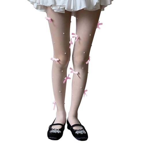 SOLILOQUY Women Y2K Lolita Sheer Tights Bow Knot High Waist Footed Pantyhose Stockings See-Through Stretchy Leggings