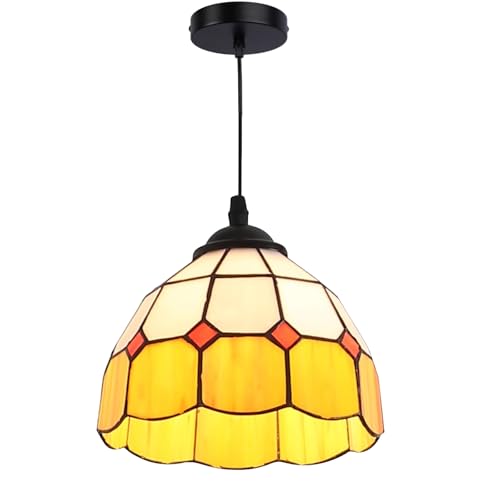 Alpinaluz Suspension Tiffany LIVIA - Abat-jour en verre jaune et blanc opale fait main Ø20 cm - Style classique - Culot E27 - Éclairage décoratif pour...