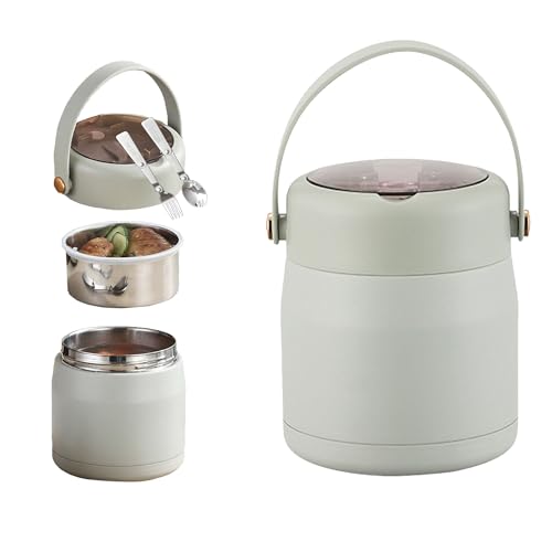 MZSX Termo Comida Caliente de acero inox, Recipiente térmico para alimentos, 1200 ml, con cuchara plegable, Caliente Durante 8 horas, Adecuado para Oficinas y Escuelas(gris crema)