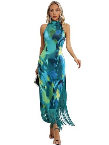 Image of Aigeman Women Vintage Flapper Dresses 1920s Great Gatsby Halter Fringed Maxi Dress Tassels High Split Formal Dress 19