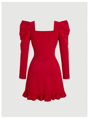 WDIRARA Girl's Bow Ruffle Hem Short Holiday Dress Sweetheart Neck Puff Long Sleeve Dresses2