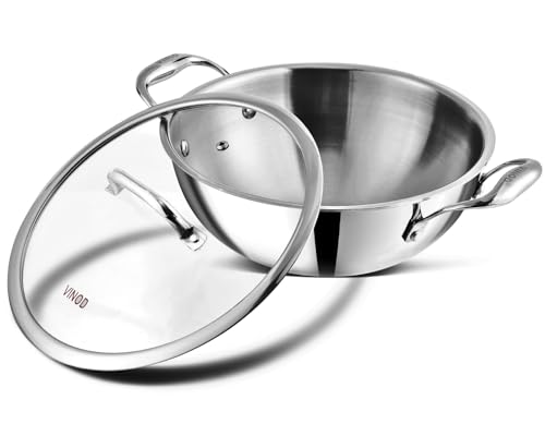Vinod Platinum Triply Stainless Steel Kadai with Glass Lid Triply Kadai with Heavy Bottom Induction Friendly Triply Stainless Steel Cookware Kadhai (28 cm Diameter)