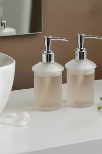 Image of Premium Frosted Glass Soap Dispenser with Stainless Steel Pump | Refillable Liquid Soap, Hand Wash, Shampoo & Sanitizer Bottle for Bathroom & Kitchen Sink | Modern Square Design (Round AT10-2)